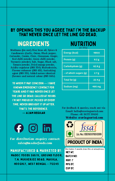 Emergency Contact Magic Masala Roasted Makhana - Back Packaging with Ingredients and Nutrition