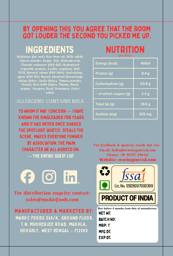 The Ringleader Tangy Tomato Roasted Makhana - Back Packaging with Ingredients and Nutrition