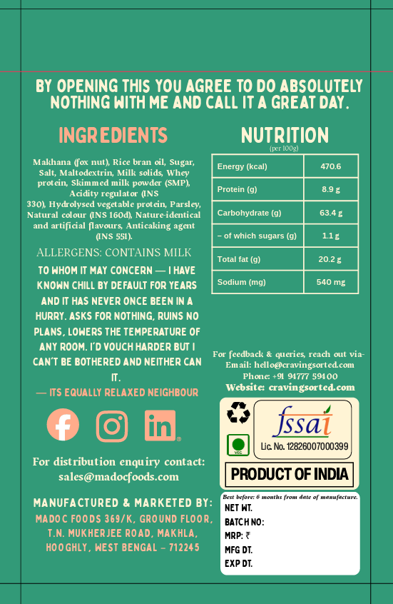 Chill By Default Cream & Onion Roasted Makhana - Back Packaging with Ingredients and Nutrition
