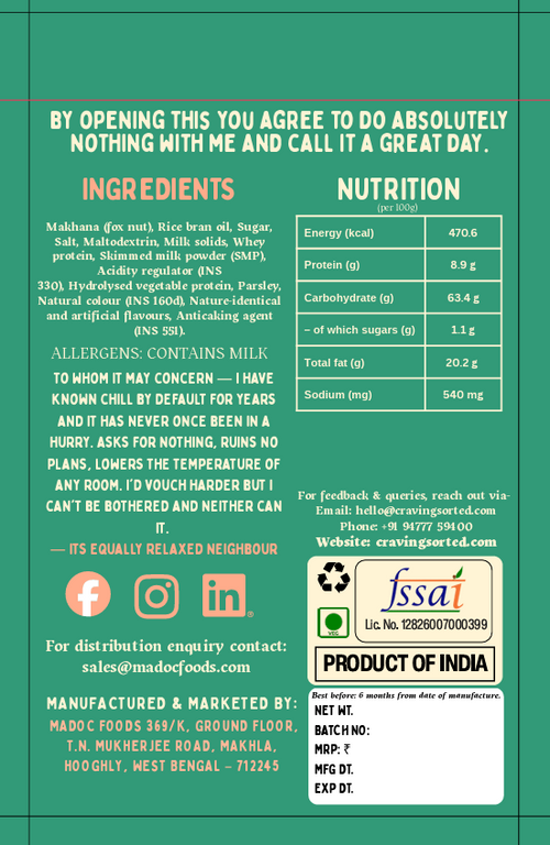 Chill By Default Cream & Onion Roasted Makhana - Back Packaging with Ingredients and Nutrition
