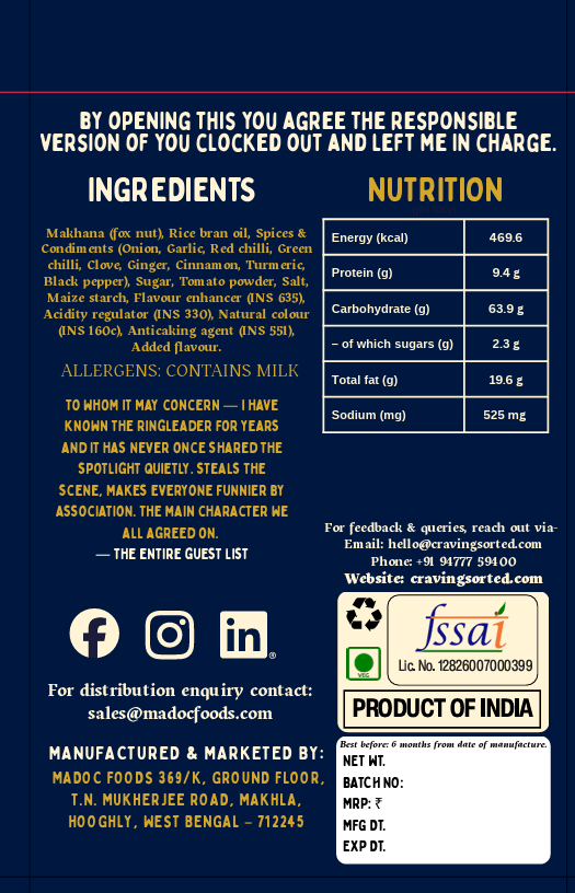 VIP Section Cheese Pizza Roasted Makhana - Back Packaging with Ingredients and Nutrition