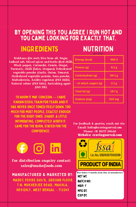 Chosen Violence Korean Kimchi Roasted Makhana - Back Packaging with Ingredients and Nutrition