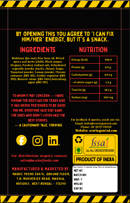 The Red Flag Peri Peri Roasted Makhana - Back Packaging with Ingredients and Nutrition