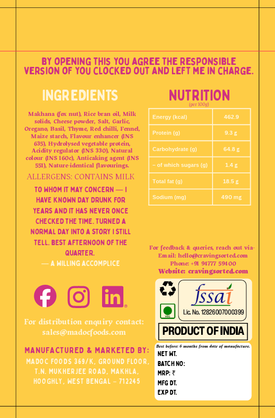 Day Drunk Mexican Roasted Makhana - Back Packaging with Ingredients and Nutrition