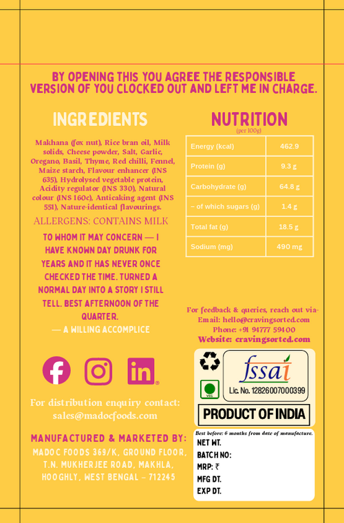 Day Drunk Mexican Roasted Makhana - Back Packaging with Ingredients and Nutrition